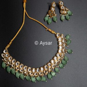 Kundan sets double layer choker with earrings pastel green