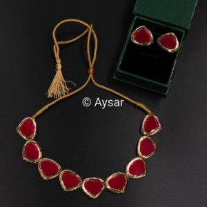Kundan choker set single layer with studs earrings red colour for valentine