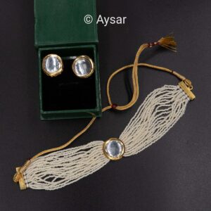 Kundan single stone with pearl beads choker with stud earrings